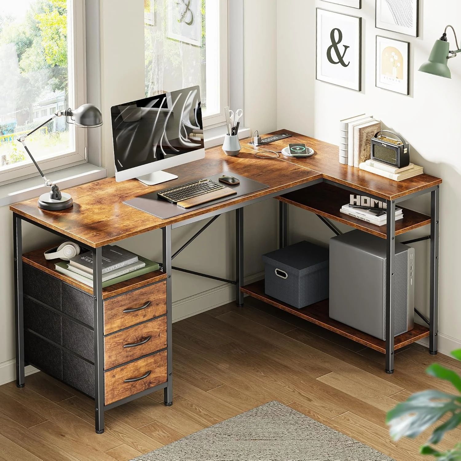 

L Shaped Office Desk with Power Outlets, 47 Inch Computer Desk with 3 Drawers, Shelves, for Gaming, Corner Work, Home Office
