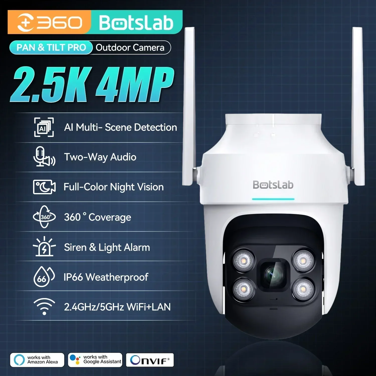 Botslab 3MP/4MP HD Câmera interna/externa sem fio PTZ WiFi IP66 Smart Home Cam Sirene e alarme de luz Full Color Night Vision Cam