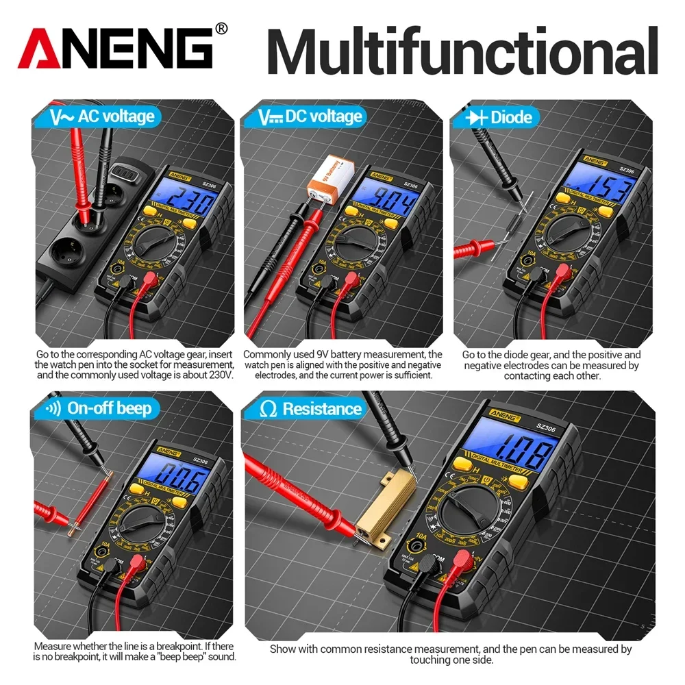 Digital Multimeter Tester ANENG SZ306 1999 Counts  600V AC/DC Voltage Diode Test Current Meter Buzzer Ohm Test electrician tools