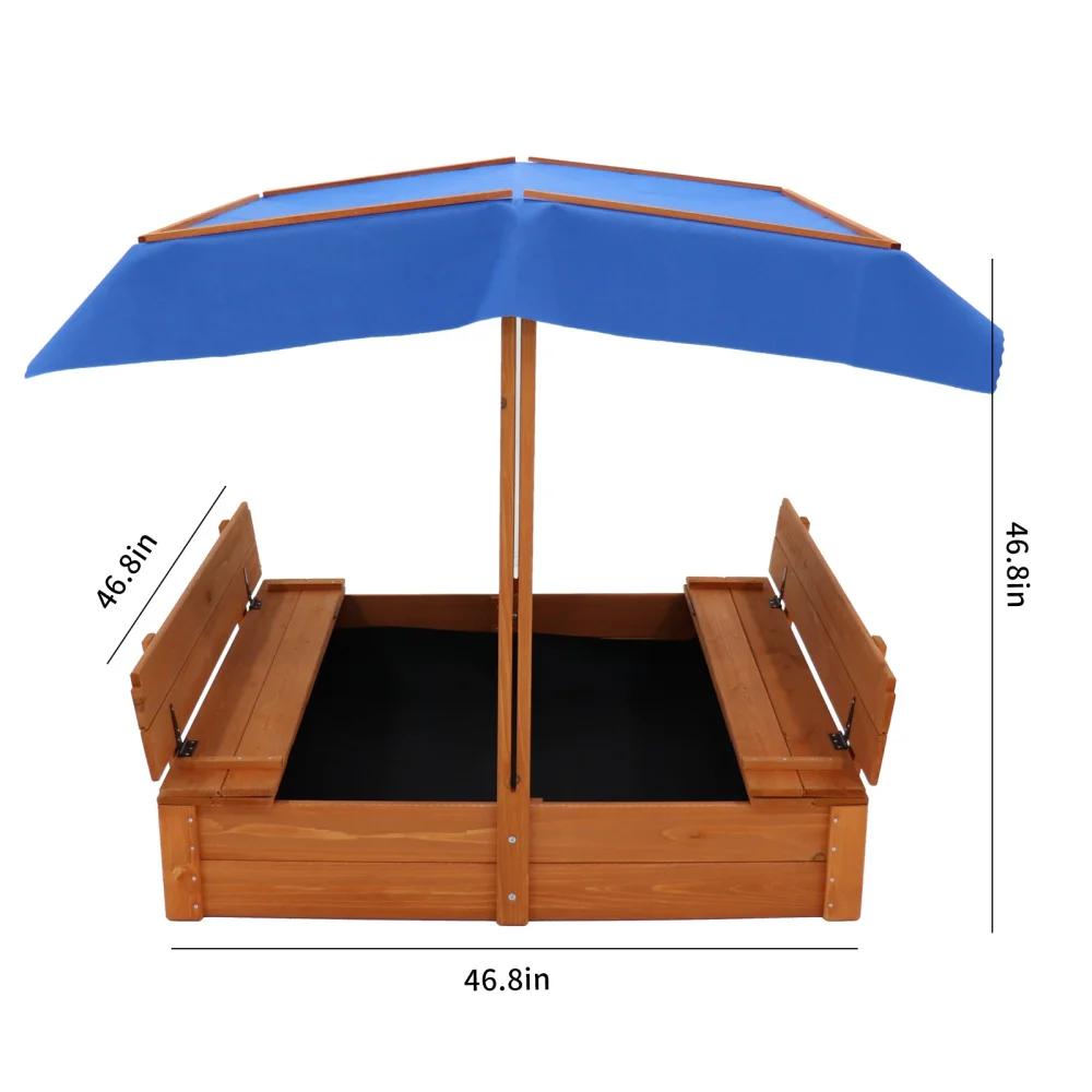 Wood Sandbox with Cover, Sand Box with 2 Bench Seats for Aged 3-8 Years Old, Sand Boxes for Backyard Garden, Sand Pit for Beach