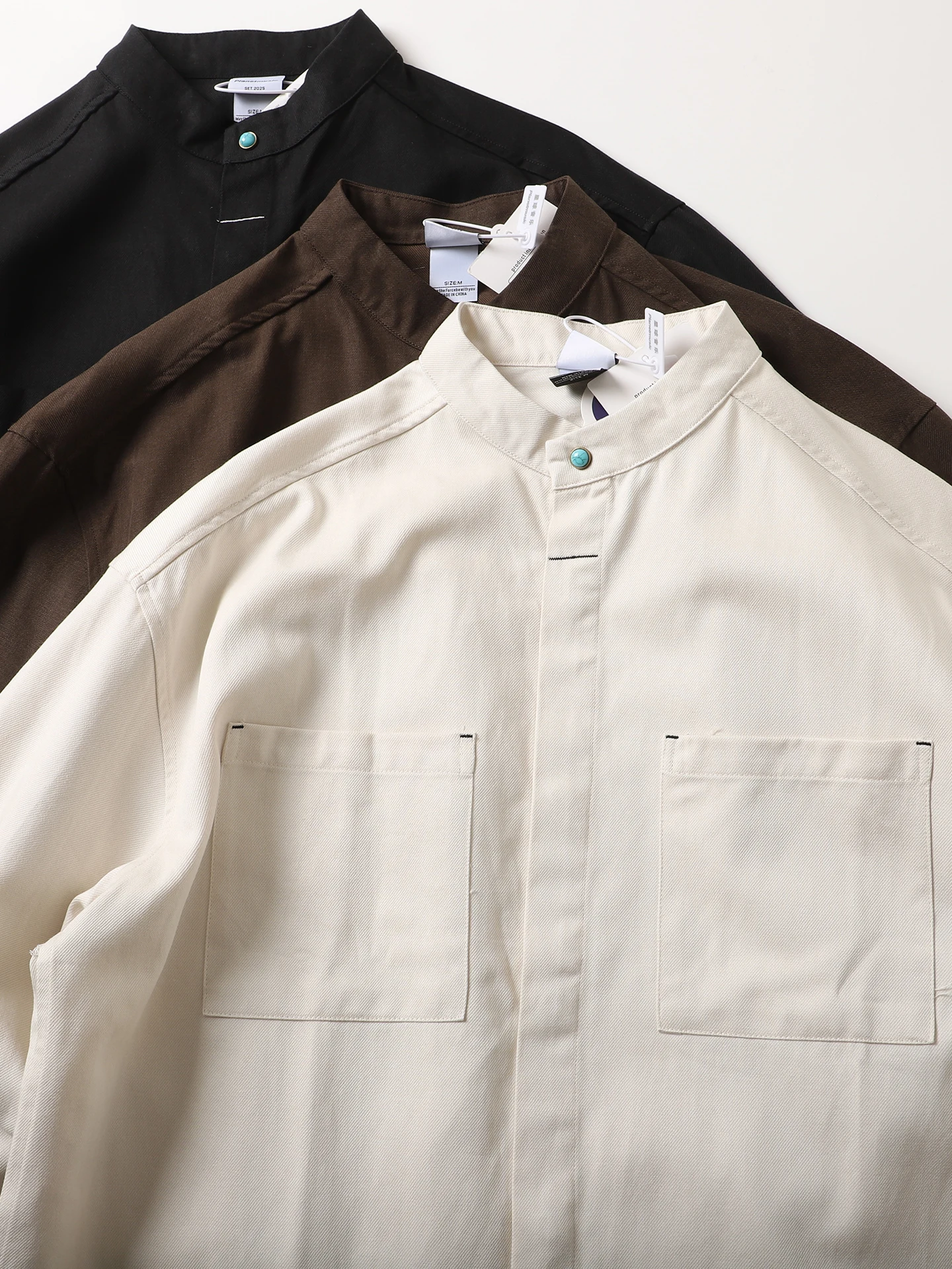 

Мужская винтажная свободная повседневная рубашка-куртка из смесовой хлопковой ткани Riche Selvedge с длинным рукавом, маленьким воротником и пуговицами, чистый хлопок