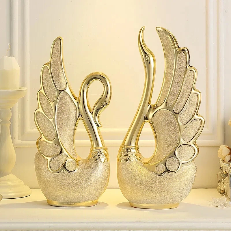 2PCS Gold Swan Lovers Home Decor Ceramic Crafts Porcelain Animal Figurines Wedding Decoration Lovers New Year Gift