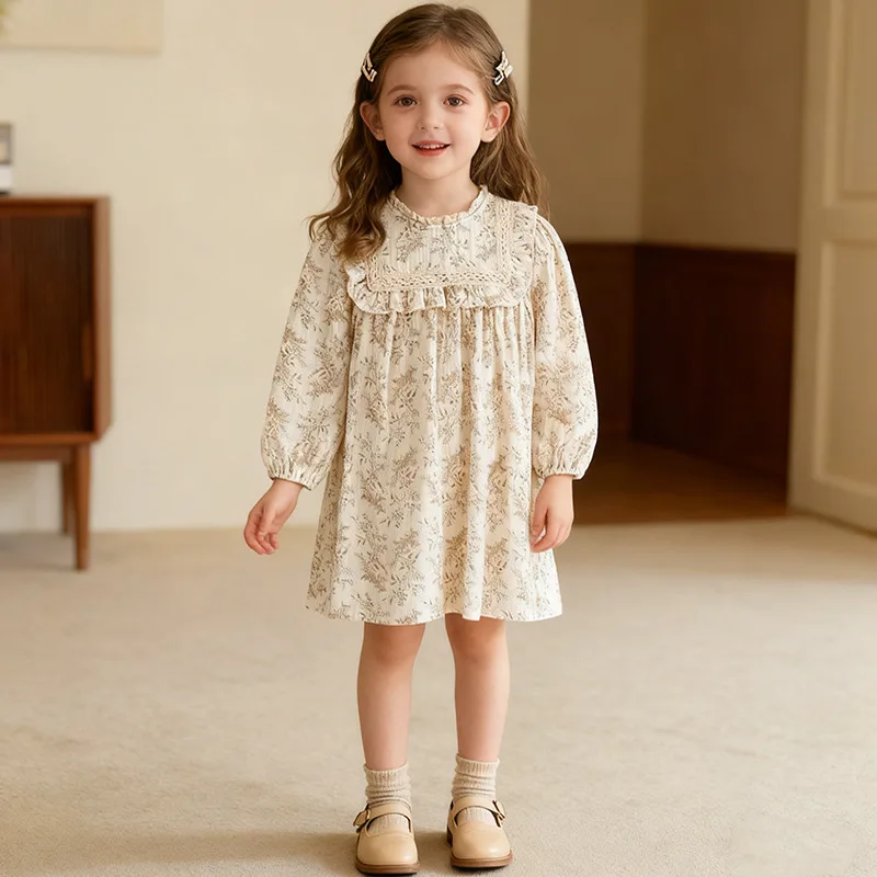 

Hot Sale Girls Spring Autumn Korean Style Lace Collar Floral Print Midi Dress Children's Princess Skirt