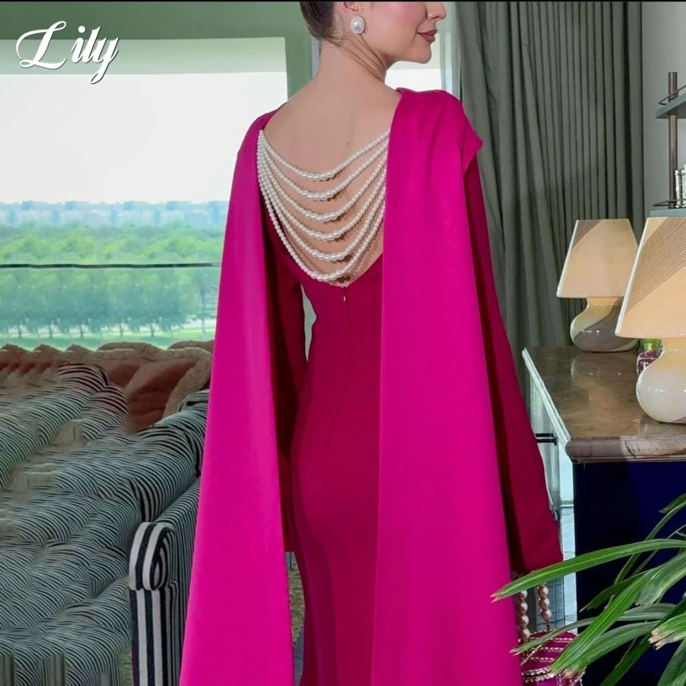 

Lily Fuchsia Party Dress O-neck Satin Evening Dress Full Sleeves فساتين السهرة with Split Embellishments Customize