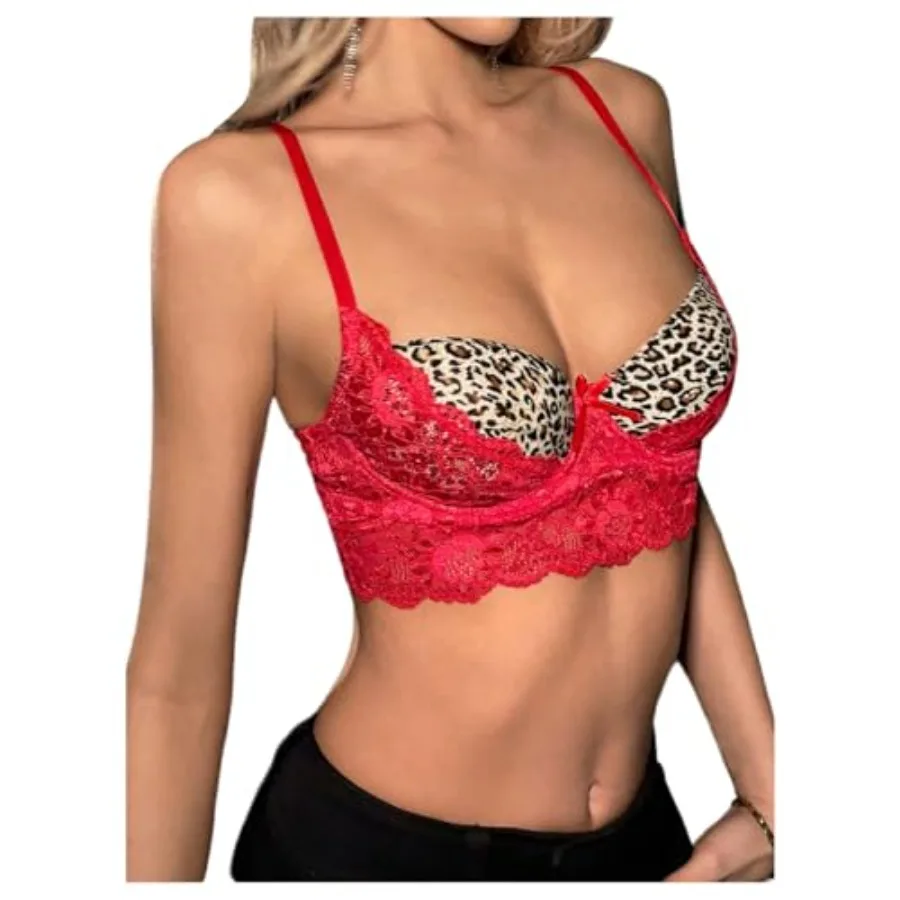 

MakeMeChic Women's Cheetah Print Bra Lace Bralette Y2K Scallop Trim Lingerie