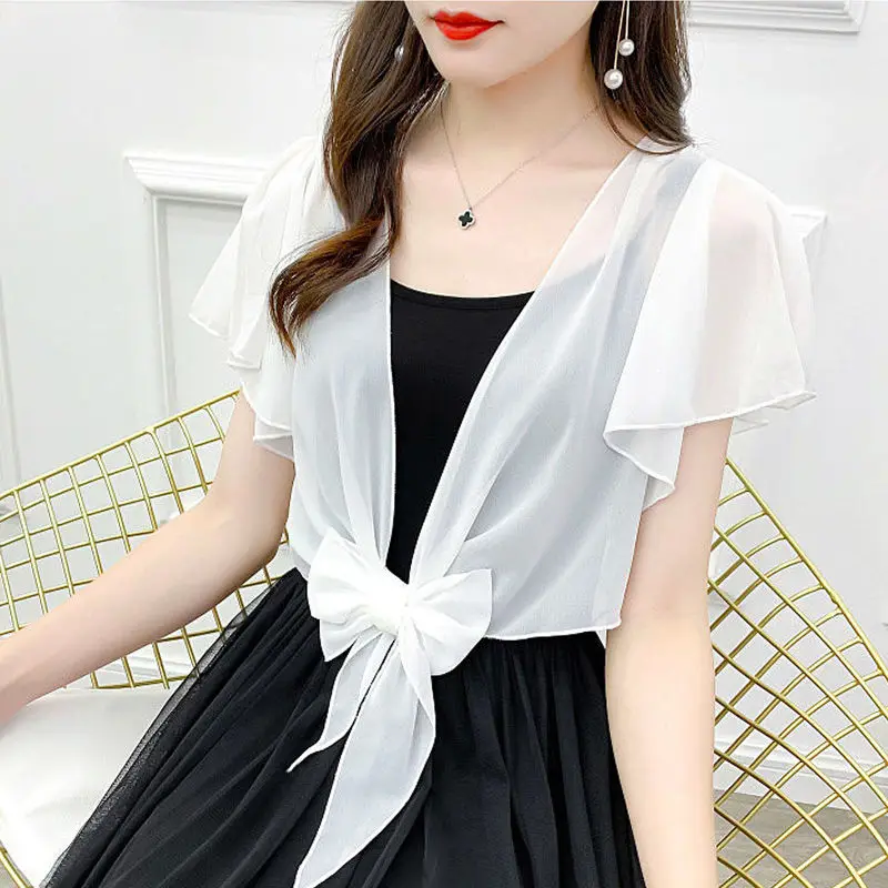 Korean Short Chiffon Bow Sunscreen Shawl Women\'s Summer Thin Transparent Blouse Shoulders Fake Collar Cape Knotted Scarf T95