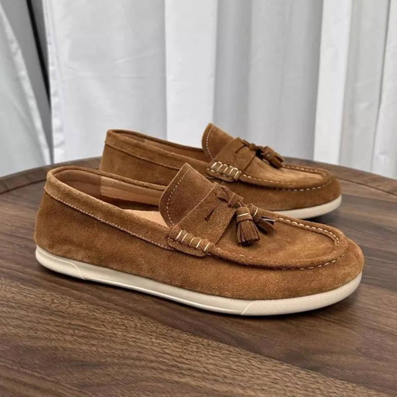Casual Men's Shoes Slip-on Tassel Loafers Korean Style Genuine Leather Shoes Men Breathable Suede Bean Shoes Soft Sole Flats