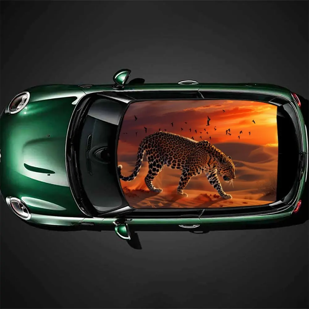 Cheetah Walking in The Desert At Sunset，Gift, DIY, Car Vinyl Wraps, Premium PVC Car Roof Decals, SUV and Van Racing Stickers, Ea