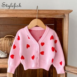 Autumn New 0-3-Year-Old Baby Girl Baby Clothing Pink Heart-Shaped Large V-Neck Knitted Jacket Cardigan Cute Sweater