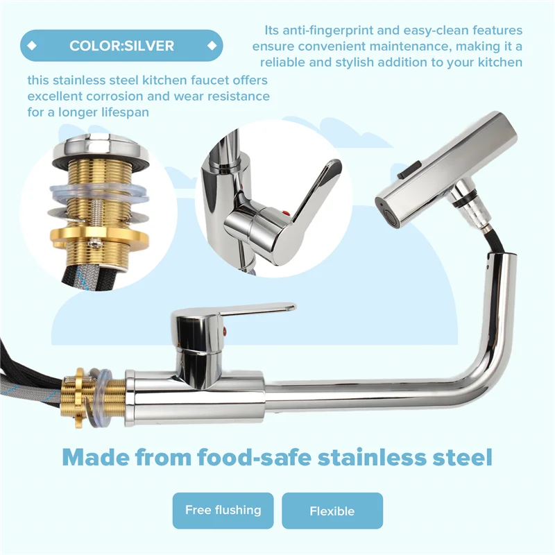 ก๊อกน้ำแบบดึงออกได้ LICE-Kitchen, ก๊อกผสมน้ำร้อนน้ำเย็นแบบยืดหยุ่นพร้อมติดตั้งบนเคาน์เตอร์และโหมดฝักบัวแบบสตรีม