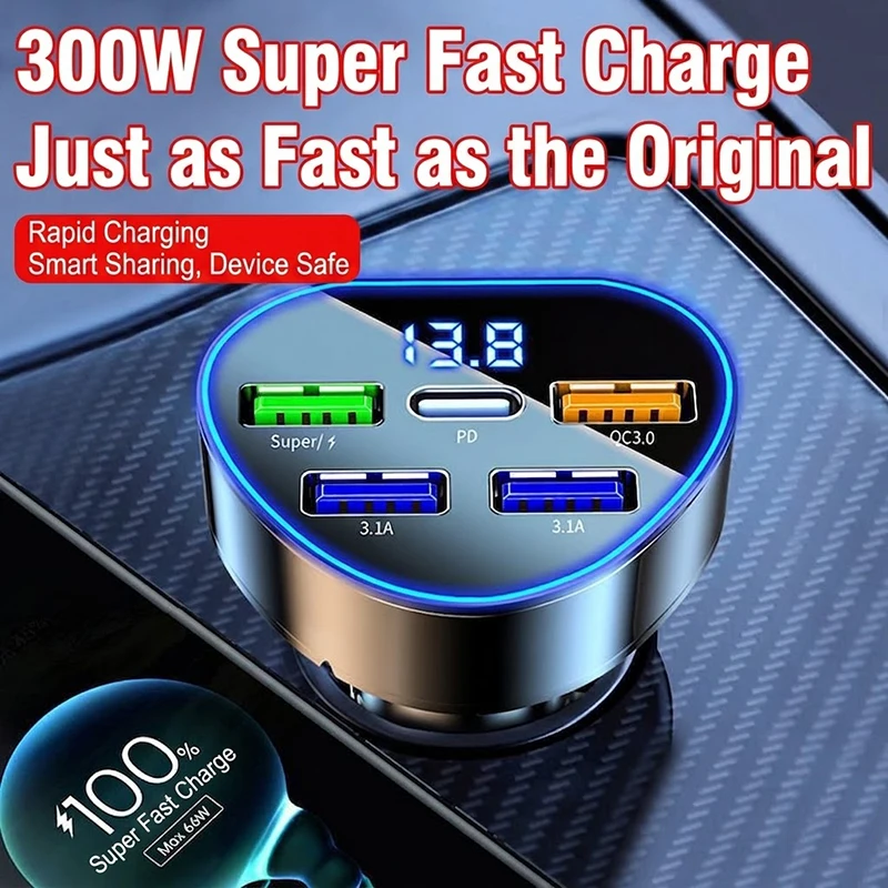 5-Port Car Charger with LED Voltage Display, PD and QC3.0 Fast Charging Adapter, Stable Multi-Device Auto Charger For iPhone 17 view 4
