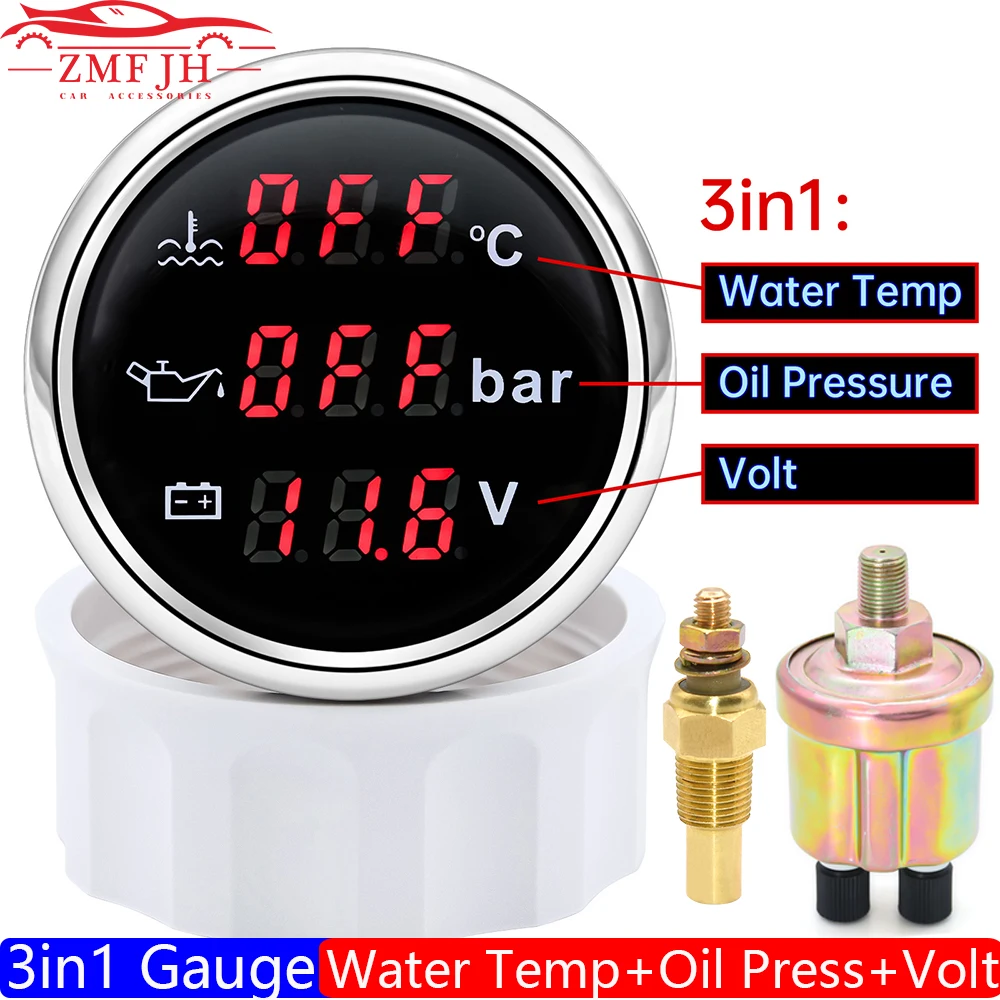 3 in 1 Digital 52mm Gauge with Alarm 0~120℃ Water Temperature Gauge+Oil Pressure Meter+Voltmeter 0-10 Bar Oil Press Sensor