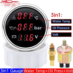 3 in 1 Digital 52mm Gauge with Alarm 0~120℃ Water Temperature Gauge+Oil Pressure Meter+Voltmeter 0-10 Bar Oil Press Sensor