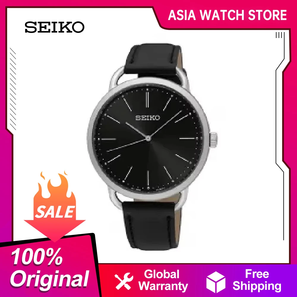 Seiko Quartz Stone Men's Watch Japan Original Black Dial Cowhide Wrist Strap 5 Bar Waterproof Folding Buckle Sur233j1