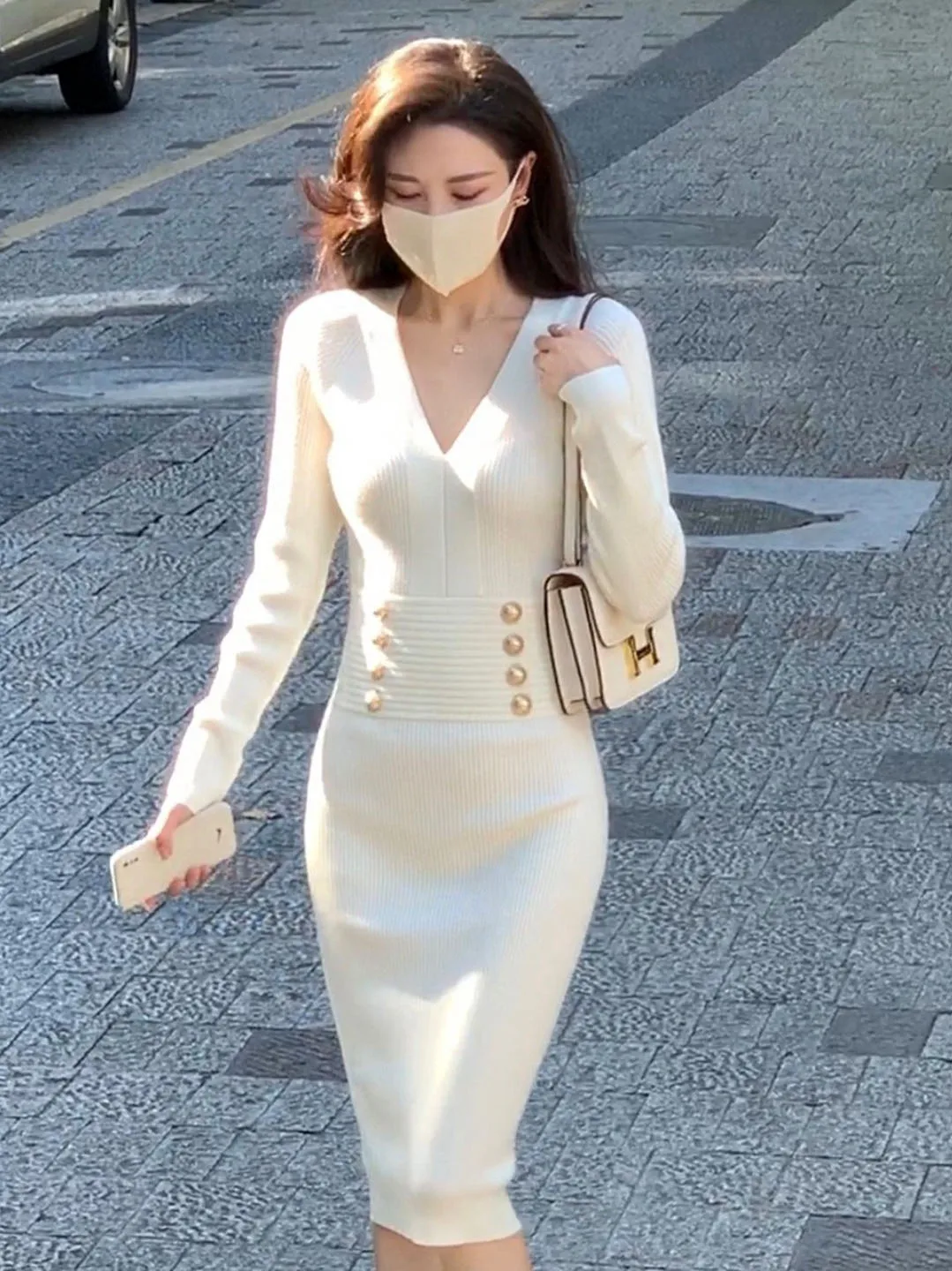 Ele v-ne malha dr feminino outono inverno novo sle pequena fraança vento cintura dentro camada base envoltório em torno da saia