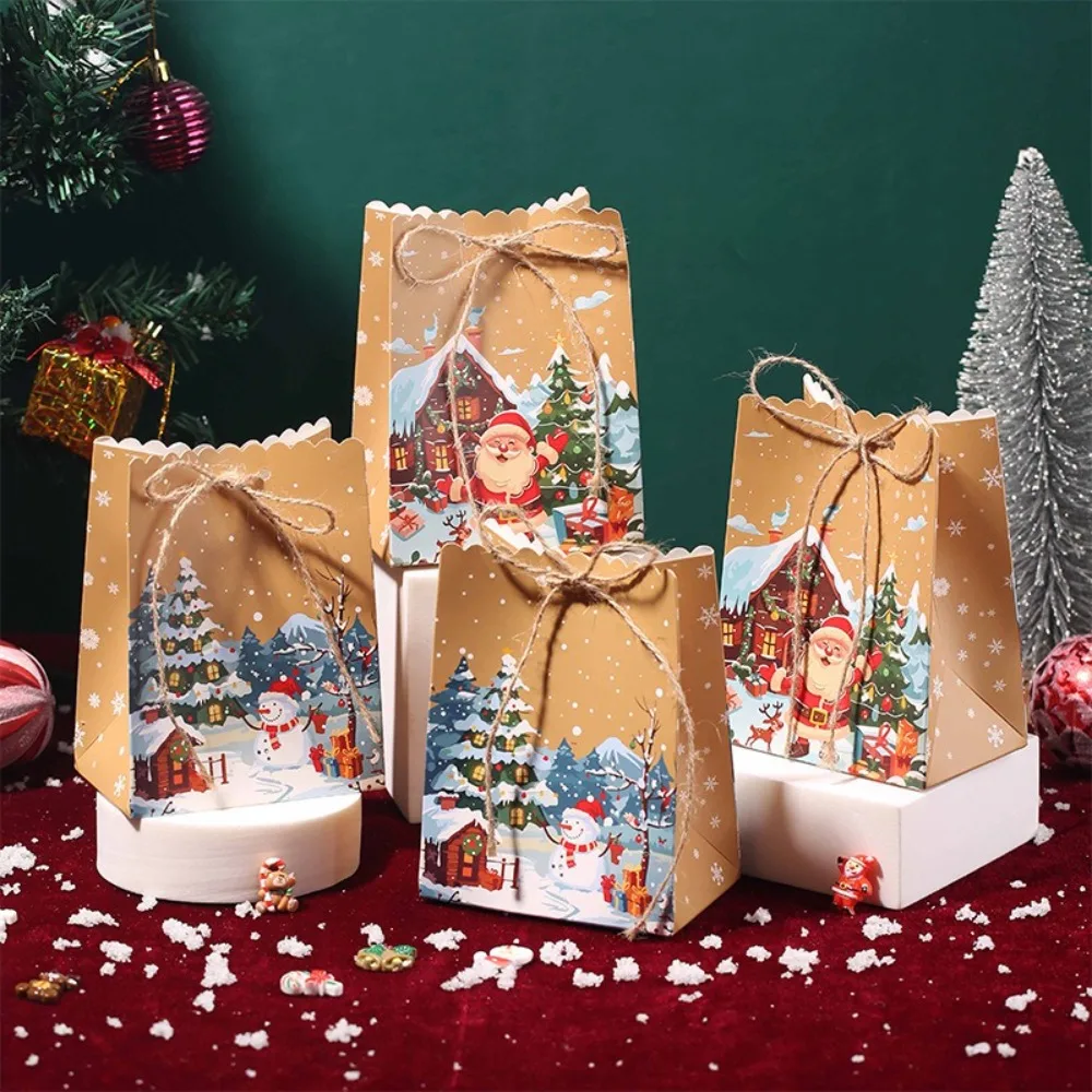 10PCS Christmas Kraft Paper Bags Snowman Colorful Cartoon Gift Bags Party Decoration Handbag Gift Wrapping