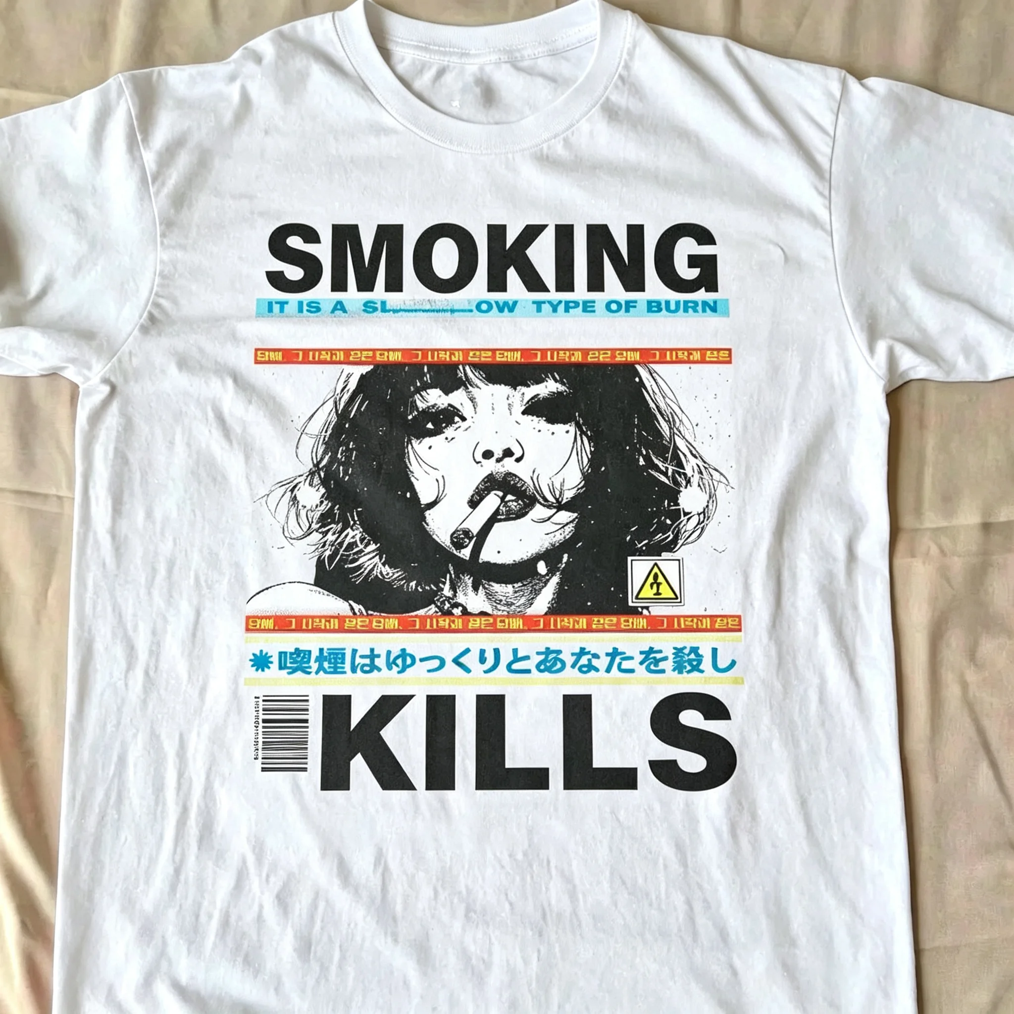 2026 Round-neck T-shirt featuring retro black and white smoky girl illustration, made of cotton, short-sleeved for street style