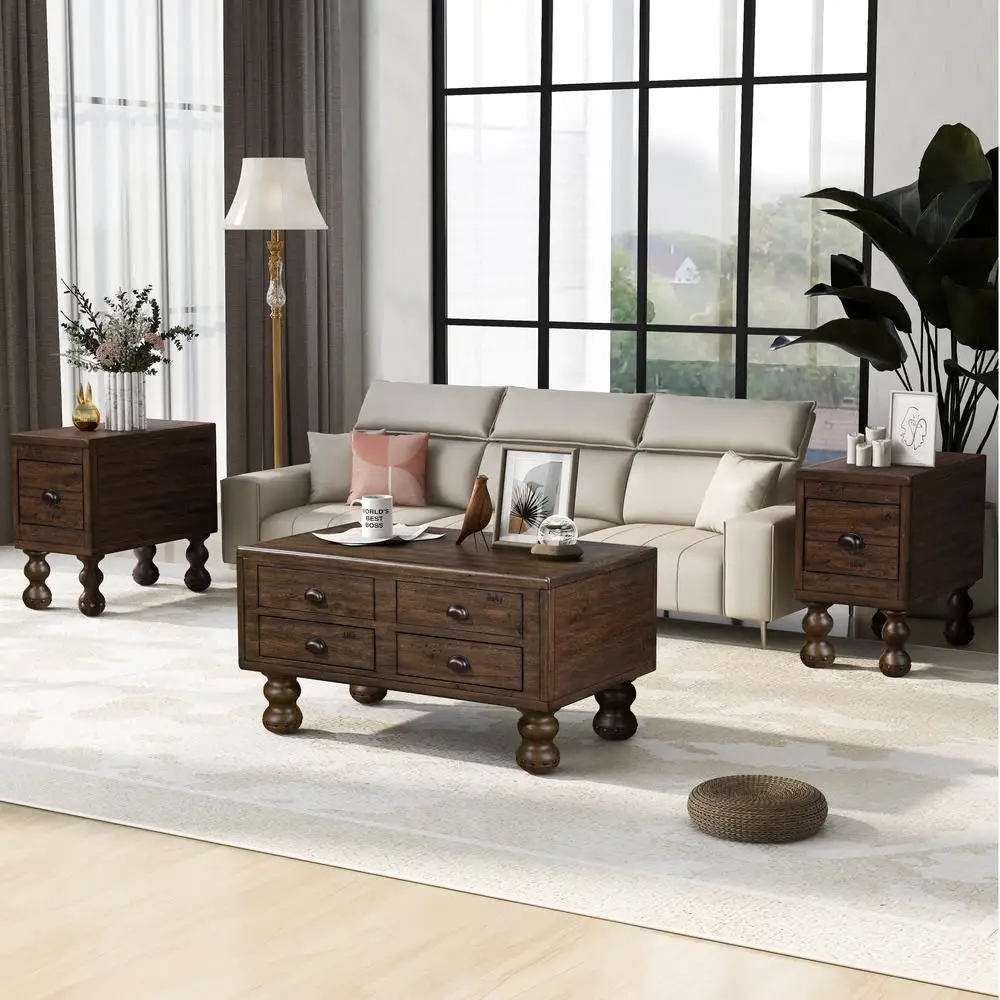 Solid Wood Rectangle Coffee Table 40 Inch Antique Espresso Center Table with 4 Drawers Rivet Leg Detail Easy Assembly LivingRoom