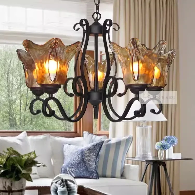 

Mediterranean living room pendant lamp, American lamp, bedroom lamp, amber glass brown cover, iron art lamp