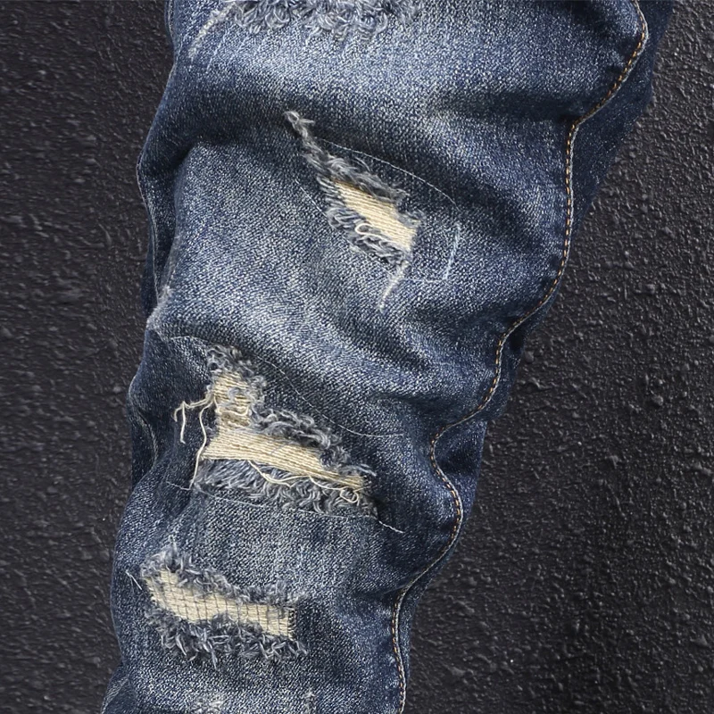 

Мужские джинсы Street Designer Fashion: высококачественные ретро-джинсы синего цвета, стрейч, зауженный крой, с дырками и заплатками, рваные, в стиле Y2K, винтажные джинсовые брюки