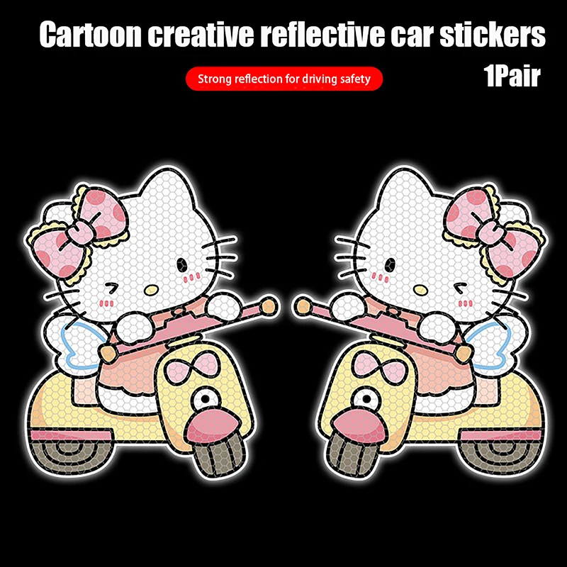 1Pair Cartoon Sanrio Car Reflective Sticker Cute Hello Kitty Waterproof Blocking Scratches Car Warning Decoration Sticker Gifts