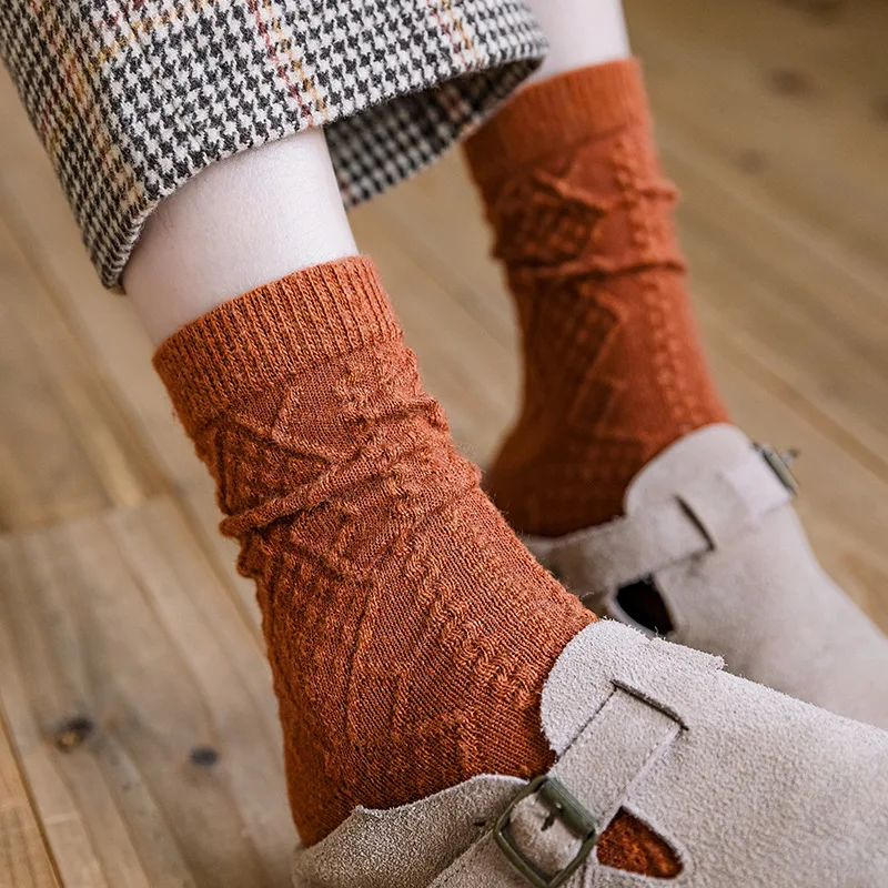 Korean Japanese Knitted Pattern Women Socks Cashmere Wool Solid Harajuku Retro Long Socks Girls Thermal Vintage Streetwear Sock