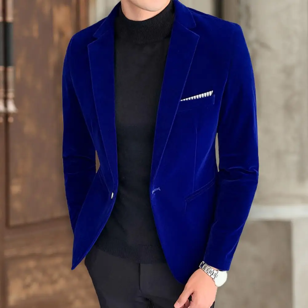 Men Blazer Solid Color Turndown Collar Long Sleeve Suit Jacket Slim Fit Single Button Velvet Suit Coat Men Streetwear For Daily