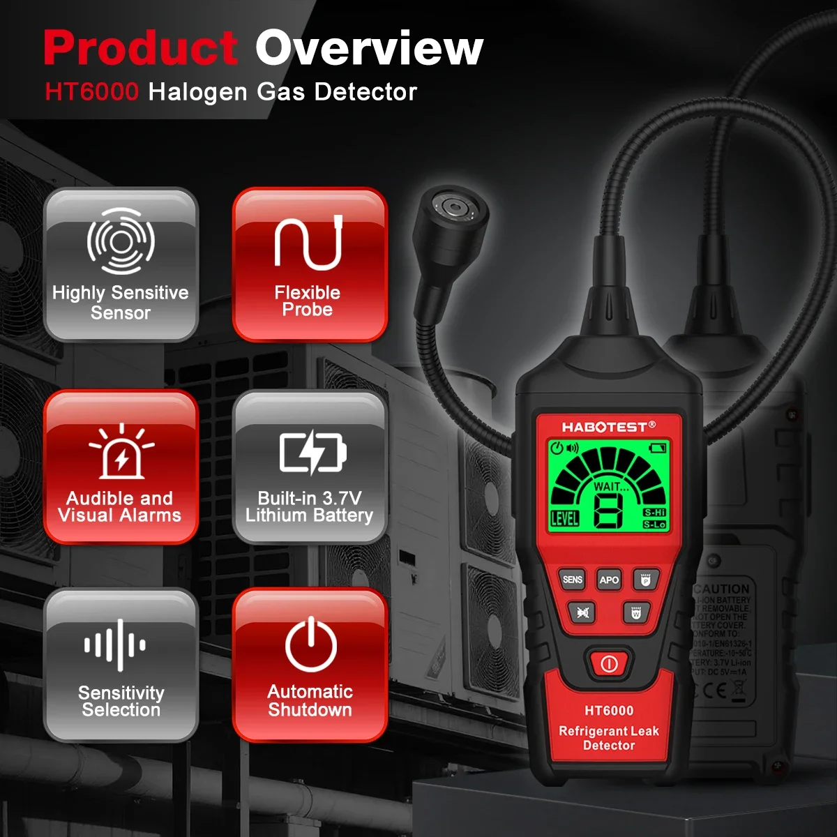 HABOTEST HT6000 Portable Refrigerant Leak Detector HVAC Air Conditioner Freon Halogen Gas Leak Tester Flexible Probe
