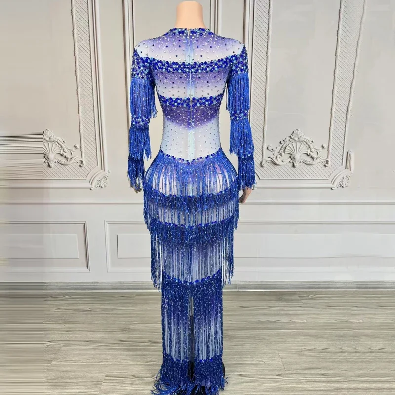 Blaue Diamant-Strasssteine mit Fransen, Abendkleider, Partykleider, Damen-Performance, Festival-Outfit, Bar, Nachtclub, Bühnenshow-Kostüm