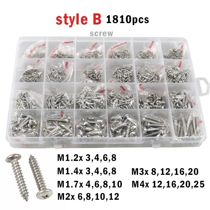 M1.2 M1.4 M1.7 M2 M3 M4 304 Stainless Steel Small Phillips Pan Cross Round Head Self-tapping Screws Wood Screw Set Kit Box