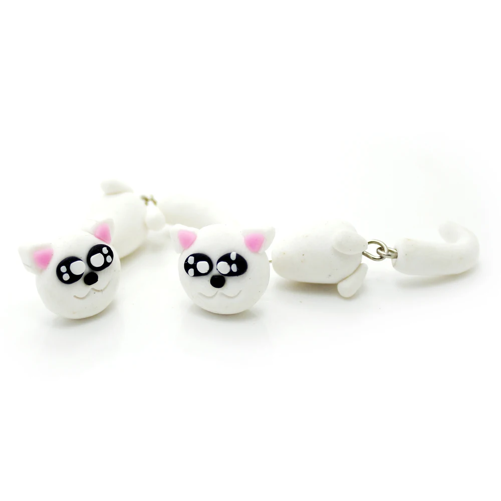 Handmade 3D White Cat Polymer Clay Stud Earrings For Women Kids Cute Kitten Front Back Ear Jackets Kawaii Pet Animal Earrings