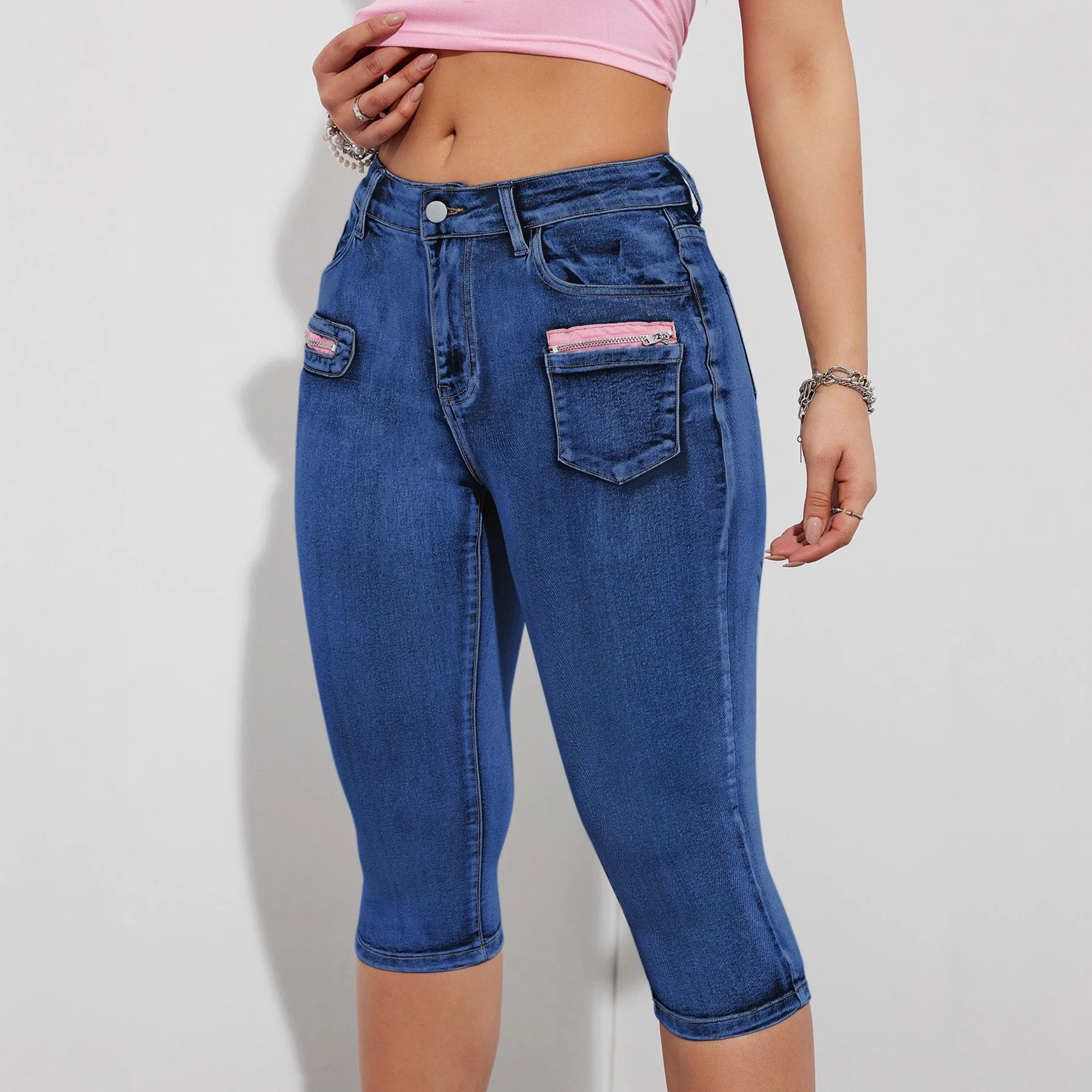 Women's Skinny Fashion Zipper Fake Pocket Seven Point Jeans Europe and America