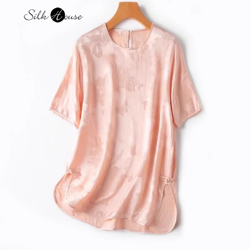 

2024 Women's Fashion Summer New Ice Pink 30MM 50% Natural Mulberry Silk Relief GuanLe Crepe Round Neck Short Sleeve T-shirt