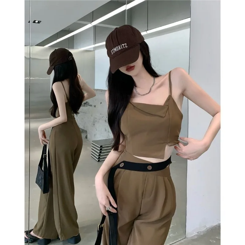 Fashion Spicy Girl Irregular Sling Vest Top Wide Leg Suit Pants Two-piece Set Women Shirring Collarbone Solid Slim Summer Set