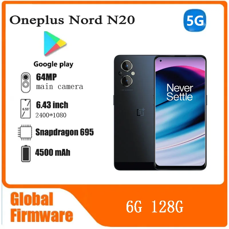 Oneplus Nord 스마트폰 CPU, Qualcomm Snapdragon 695, 배터리 용량 4500mAh, 64MP 카메라, 전체 화면 중고 휴대폰, N20, 5G, 6G, 128G 