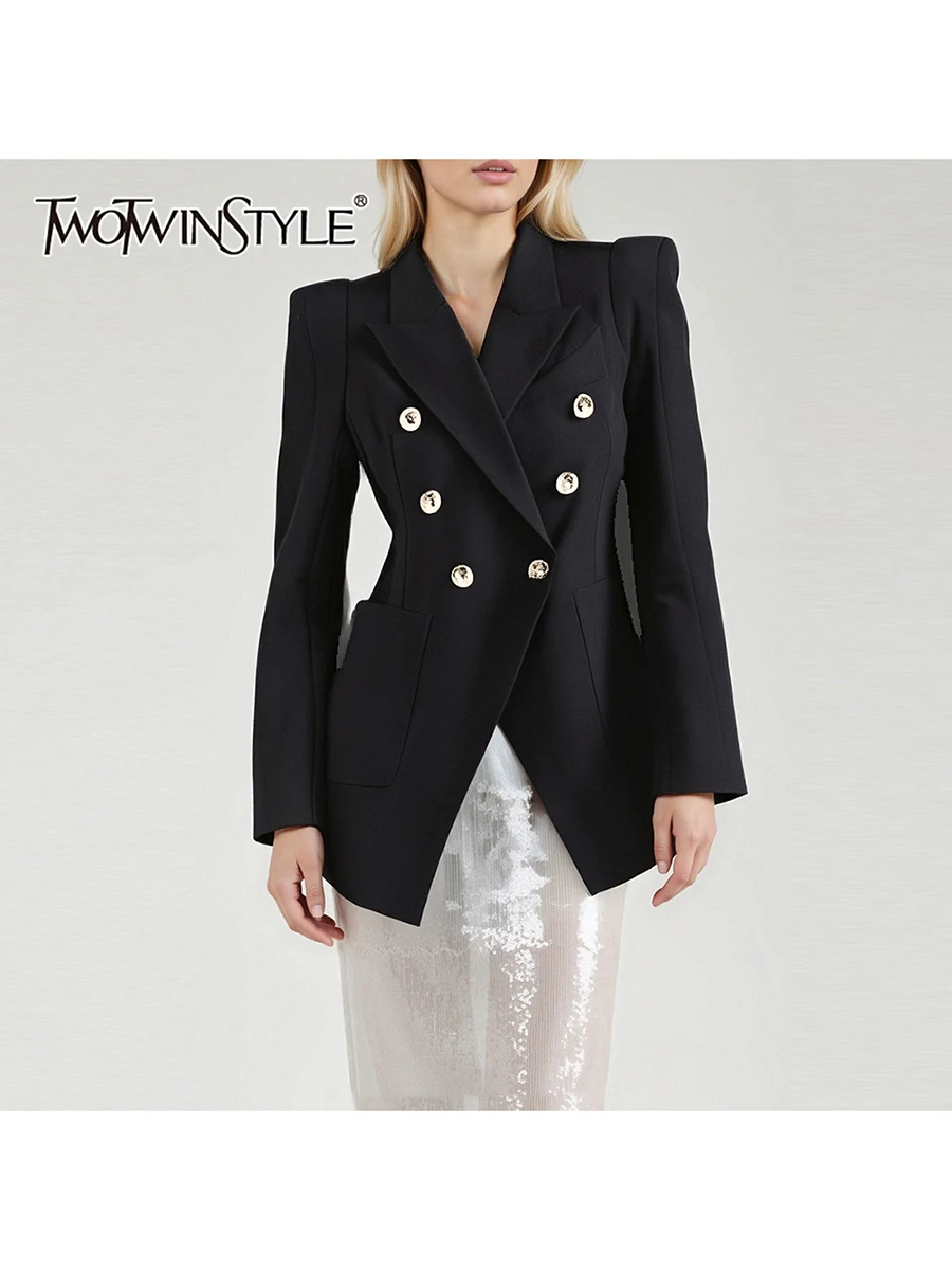 

TWOTWINSTYLE однотонные утягивающие двубортные куртки для женщин, темпераментная куртка с лацканами и длинными рукавами, женская одежда, новинка