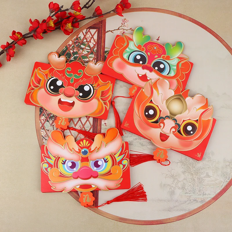 1Pc 2024 Chinees Jaar Van De Draak Opvouwbare Rode Envelop 6-Sleuf Rode Envelop Gelukgeld Tas Rode Zakpapier Enveloppen