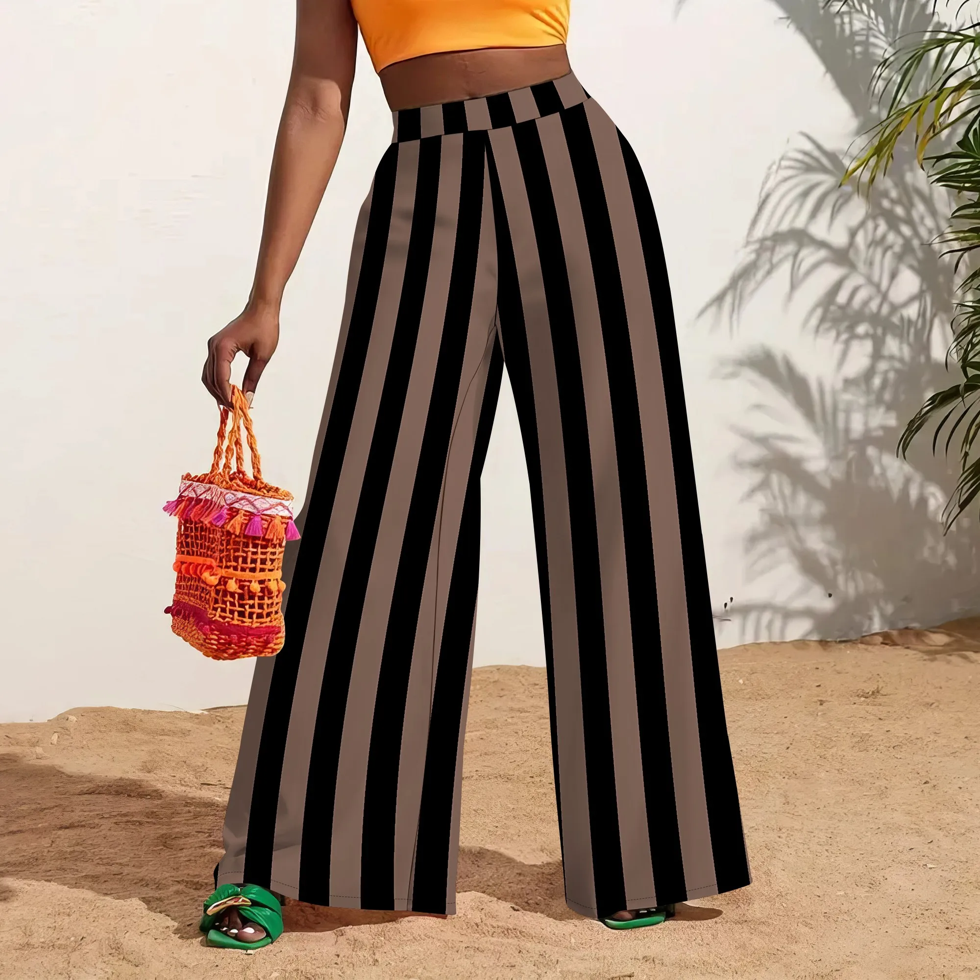

Nupusa Striped Print Pants for Women Standard Size Summer Casual High - Waist Wide - Leg Pants
