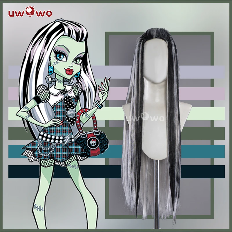 UWOWO Monster High Cosplay Frankie Stein 1 Cosplay Wig Black Silver 90CM Long Hair Heat Resistant