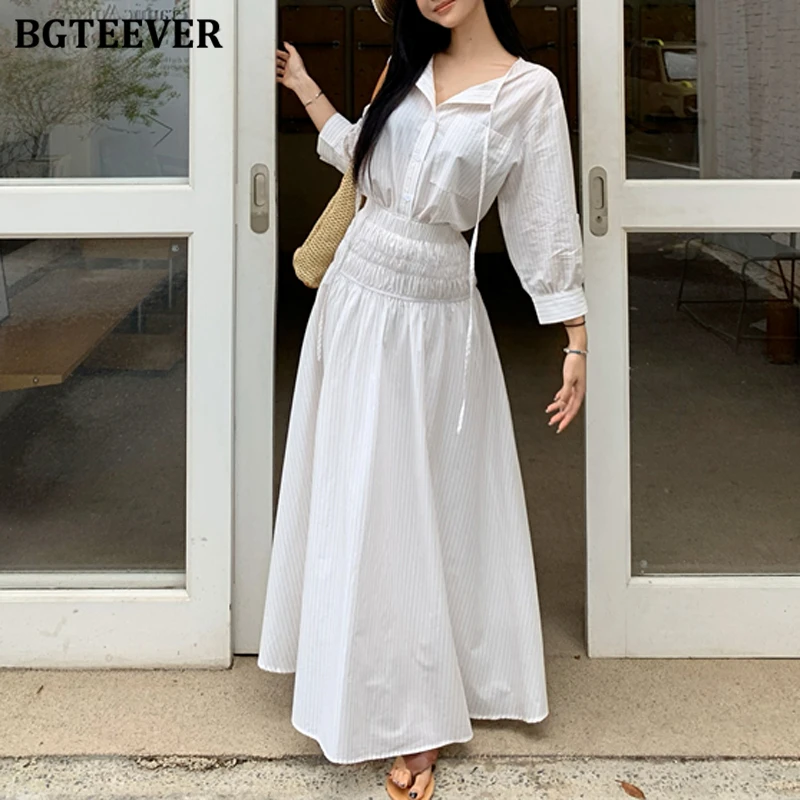 BGTEEVER スタイリッシュな女性ストライプ衣装長袖シングルブレストブラウスシャツ & A ラインスカート夏のレディース 2 点セット