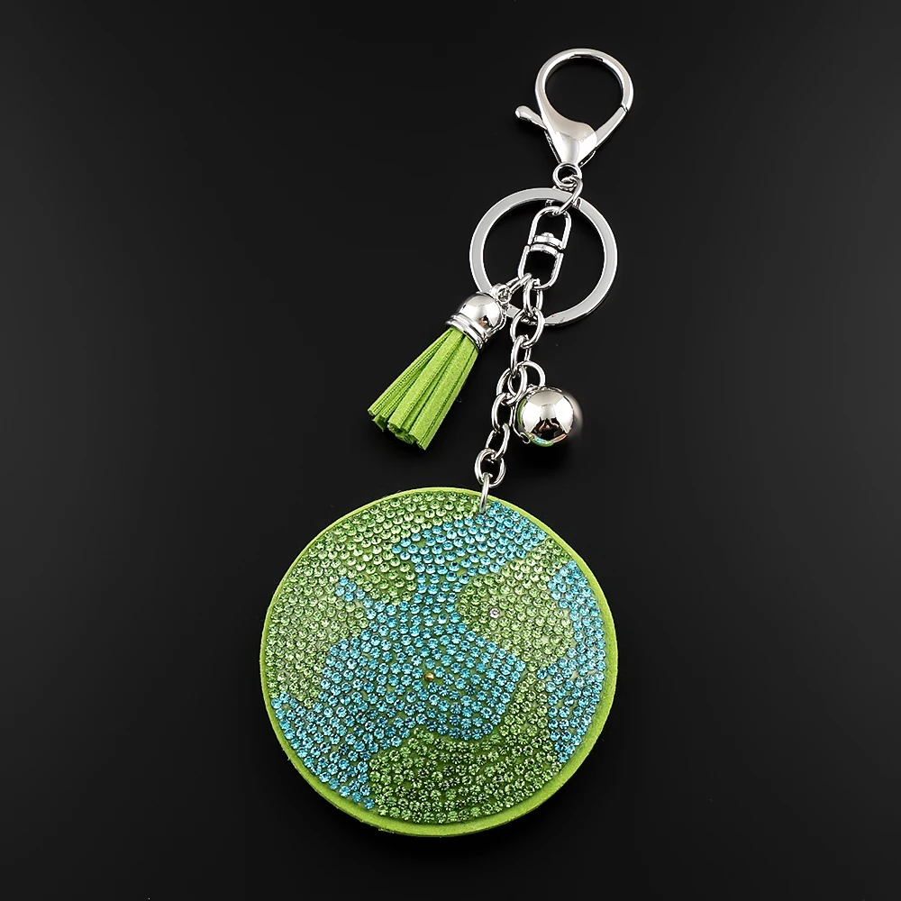 Porte-clés Rond Terre Terrestre en Strass pour Étudiants en Géographie, Amateurs de Nature, Voyageurs Éco-responsables, avec Pendentif Cristal Scintillant et Pompon Vert – Cadeau Souvenir