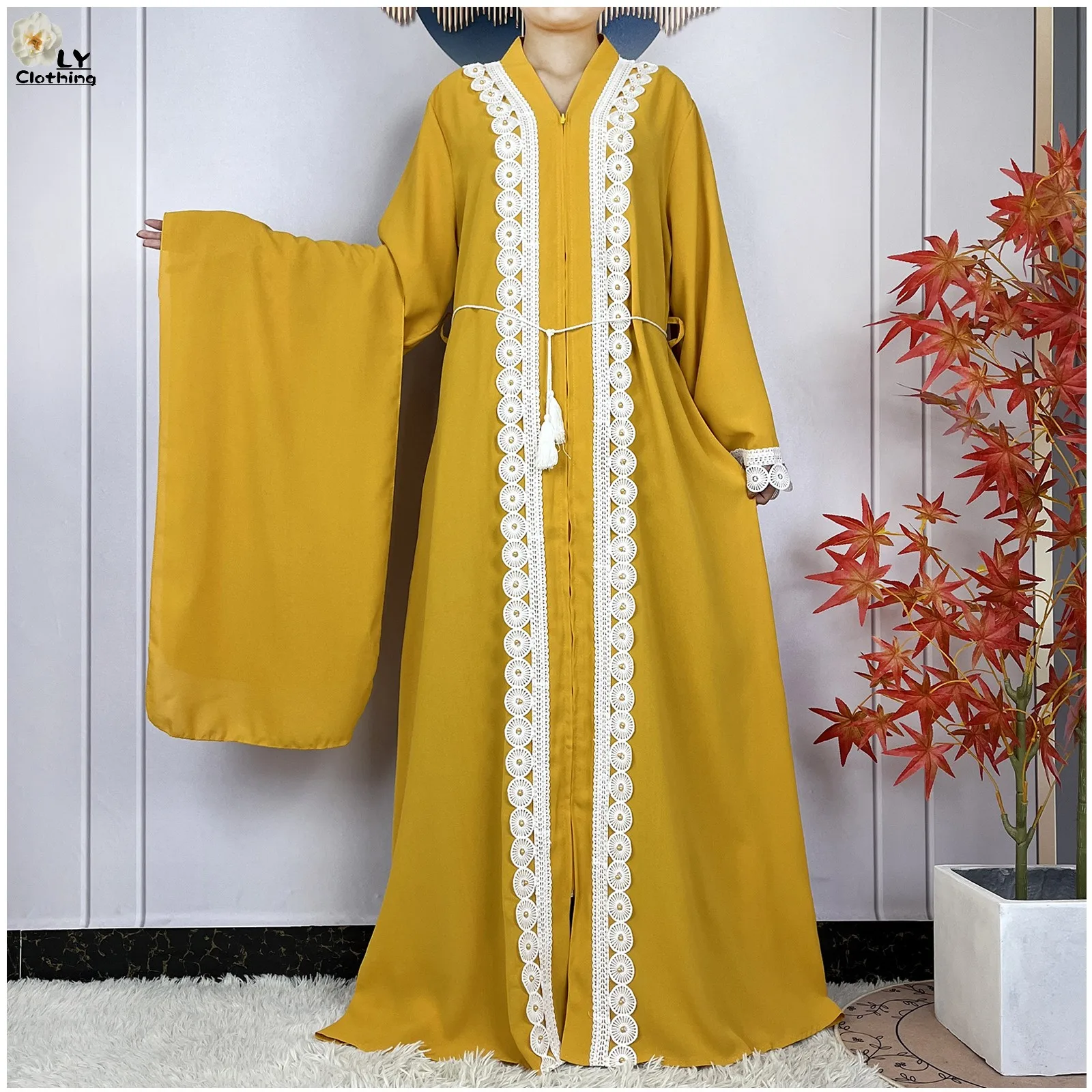 Latest Muslim Women Long Sleeve Elegant Dresses 2024 Dubai Fashion Chiffon Soft lace Zipper Robe African Abaya Casual Clothing