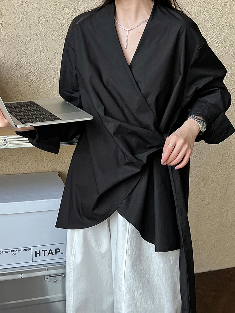 

Spring Autumn Black Lace up Loose Elegant Irregular Blouse Women Tops New Korean Fashion V-neck Long Sleeve Shirts for Women