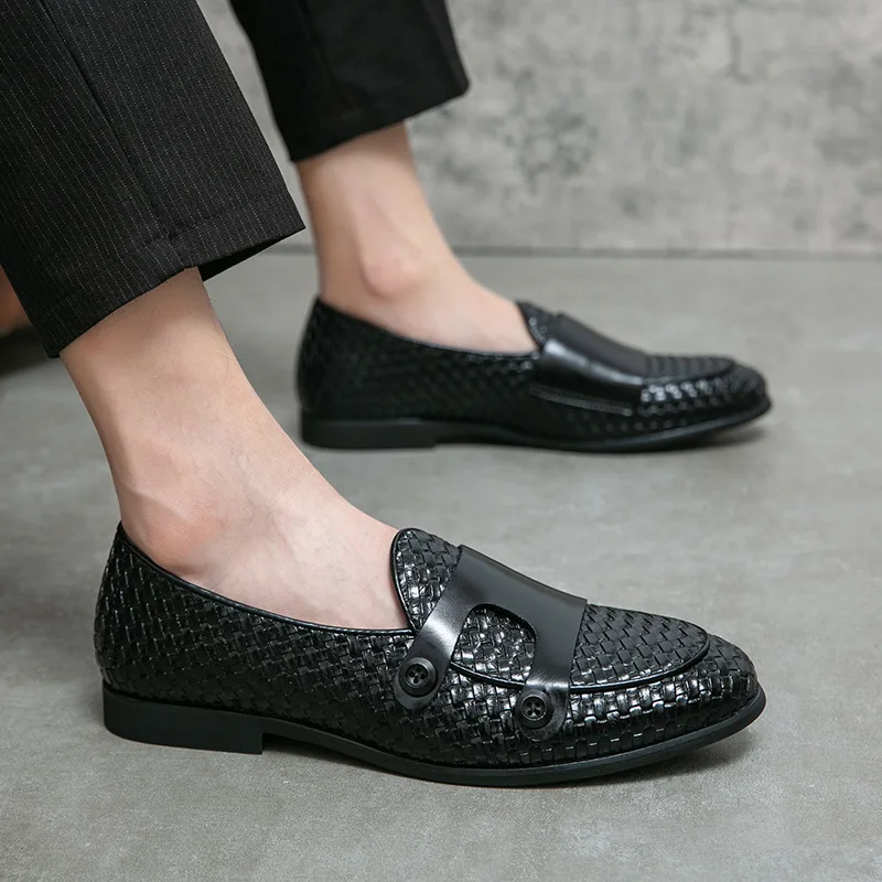 British Style Weave Pattern Microfiber Leather Monk Shoes Mens Buckle Party Wedding Loafers Moccasins Men Driving Flats