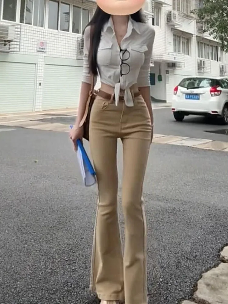 

Американские расклешенные джинсы цвета хаки с высокой талией, женские осенние длинные брюки, повседневные хлопковые эластичные джинсовые узкие брюки с завышенной талией