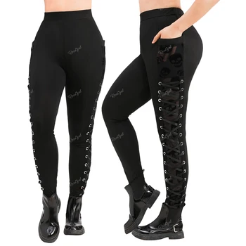 Rosgal בתוספת גודל grommasדות תחרה חותלות נשים כל העונה פסים streetwear מכנסיים שחור רזה מכנסיים שחור סקיני mujer