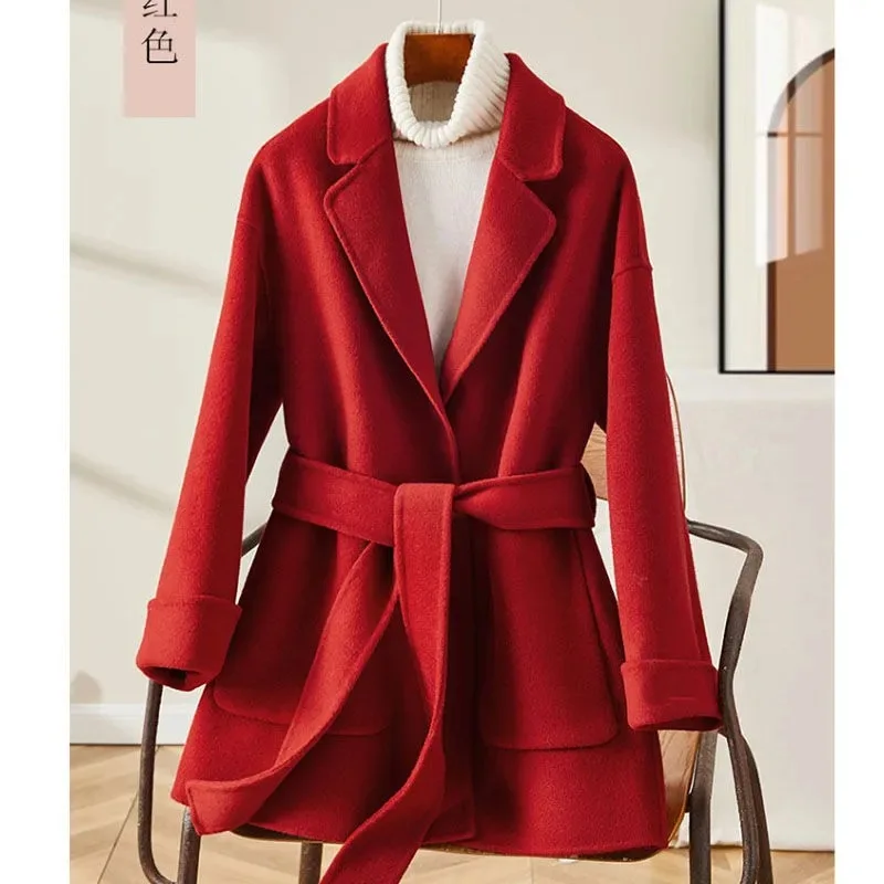 Elegant Solid Wool Jacket for Women Fall Winter 2023 New Korean Fashion Oversized Long Sleeve Lace Up Casual Y2k Coats
