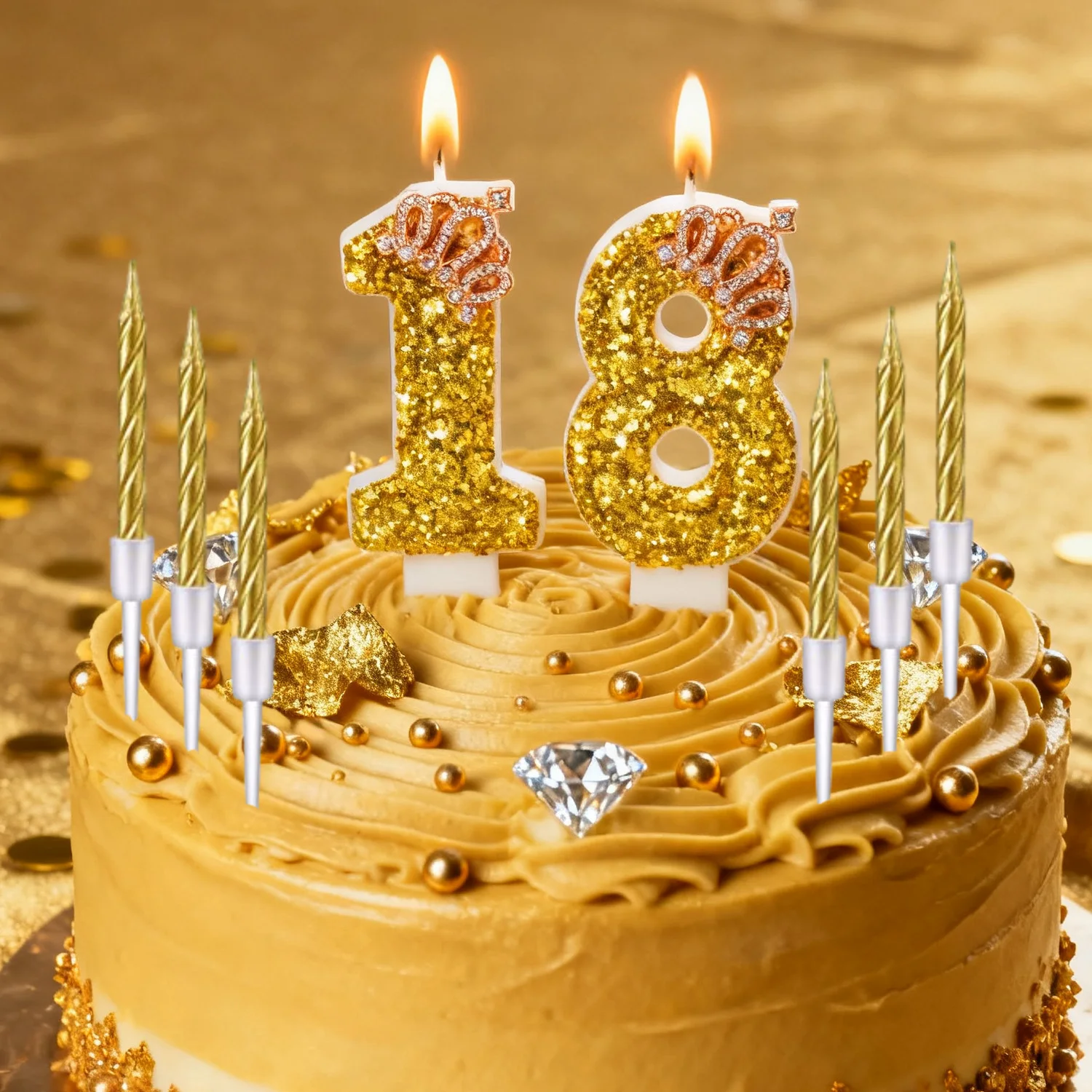 11pcs Gold Birthday Candle Crown Number 0-9 ，Sequins Cake Cupcake Decorations Party Decor for Anniversary Celebrations Supplies