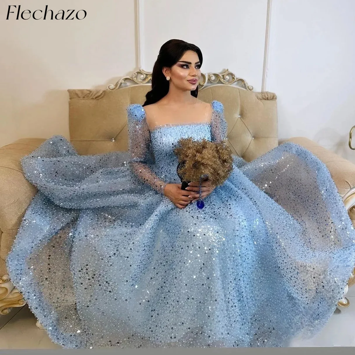 Flechazo-vestido de fiesta de cumpleaños azul para mujer, traje elegante hasta el tobillo con lentejuelas y cuello cuadrado, 2024