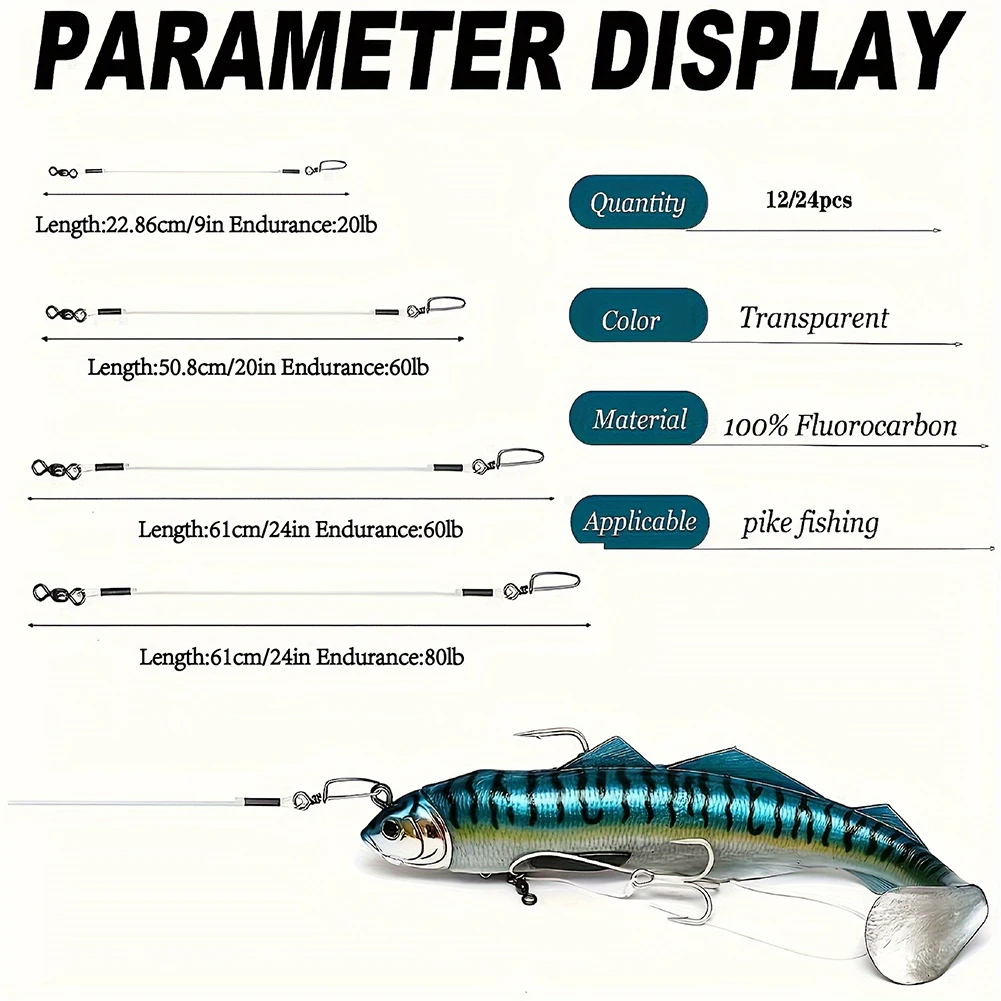 Invisible Underwater Fluorocarbon Fishing Leader Set 12 Pieces 20-80LB Test For Saltwater & Freshwater With Quick-Connect Snaps